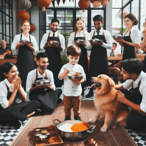 A little boy and his scruffy dog enjoy a meal together at a cozy table for opening of Petpuja Dot Com restaurant.