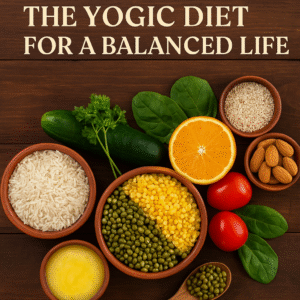 A traditional Indian thali featuring fresh fruits, steamed vegetables, rice, dal, and herbal tea—representing a balanced Sattvik meal in a serene setting.