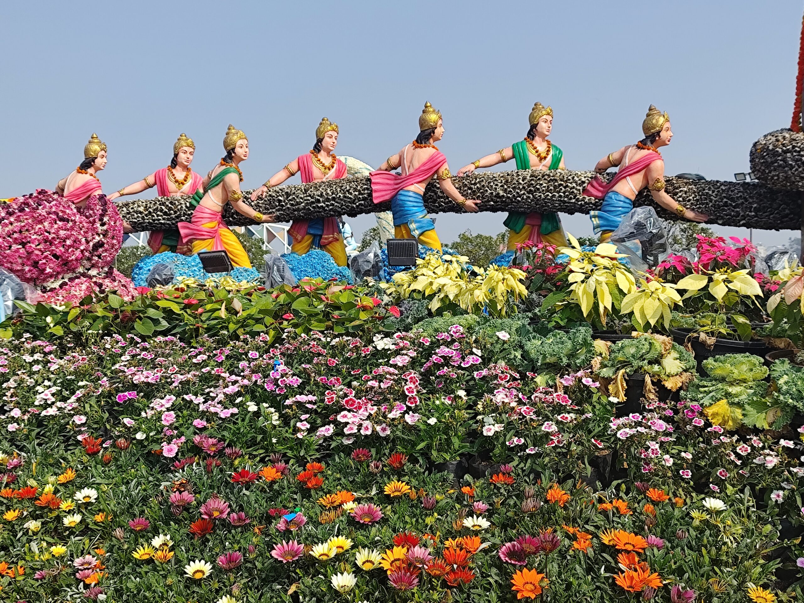 Samundra Manthan Scene created with flowers in Ahmedabad Flower Show 2026.