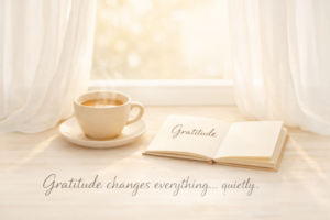 Soft morning sunlight streams through a window with sheer curtains, illuminating a cup of tea and an open notebook labeled “Gratitude” on a wooden table, creating a calm and peaceful atmosphere.