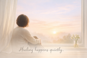 Soft pastel morning light filters through a window as a person sits quietly in a calm, minimal space, evoking a sense of peace, stillness, and gentle emotional healing.