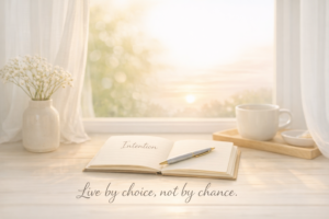 Soft sunlight falls on a minimal desk by a window, with a notebook and pen placed neatly, symbolizing clarity, focus, and the quiet act of living with intention.
