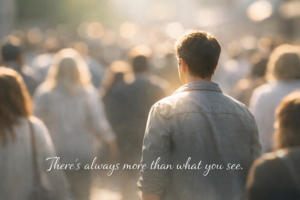 A softly blurred crowd with one person slightly in focus under gentle light, symbolizing how we often judge quickly without seeing the full story or understanding the deeper truth.