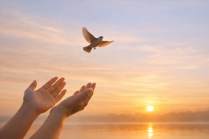 Open hands releasing a bird into the sky symbolising letting go and emotional freedom