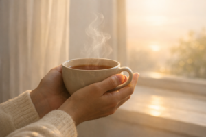 A mindful moment with a cup of tea in soft sunlight symbolizing presence and calm