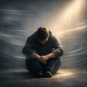 Person sitting with swirling thoughts symbolising overthinking and mental overwhelm