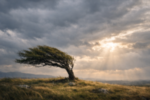 A tree bending in strong wind symbolising resilience and the strength to endure