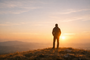 A person standing confidently at sunrise symbolising self-worth and inner strength