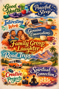A visual ode to a well-lived life — restful nights, healthy mornings, heartfelt conversations, laughter echoing through family groups, winding roads, creative sparks, and a quiet spiritual glow beneath the stars.