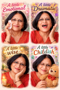 A colorful four-panel portrait collage of an Indian woman showing different moods — emotional, dramatic, wise, and childish — through expressive poses, warm colors, and playful artistic details.