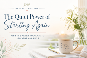 The Quiet Power of Starting Again blog header with sunrise, journal, and coffee mug representing new beginnings, personal growth, and resilience.