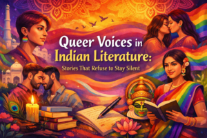 Colorful illustration of queer Indian authors and couples with cultural motifs and pride colors.