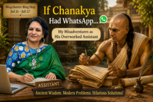 A smiling Indian woman dressed in a green saree sits beside the ancient strategist Chanakya, depicted writing on palm-leaf manuscripts, symbolizing a humorous time-travel adventure where she becomes his modern-day assistant. The blog header reads 'If Chanakya Had WhatsApp: My Misadventures as His Overworked Assistant.